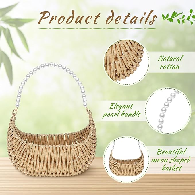 Taiyin 4 Pcs Rattan Flower Girl Basket with Pearl Handle Small Half Moon Wicker Basket for Wedding Flower Girl Picnic Garden Storage and Home Decor (Light Brown)