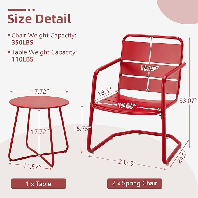 MELLCOM 3 Piece Patio Set, 2 C-Spring Retro Metal Patio Chairs and Round Side Table, Outdoor Bistro Set for 2 Idea for Balcony, Front Porch, Poolside, Deck, Indoor, Red