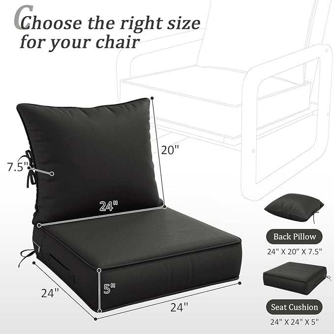 Outdoor Patio Chair Cushions Set 24 L X 24 W X 5 H Waterproof & Fade Resistant Deep Seat and Back Cushions with Removable Covers Outdoor Seat Cushion Set for Chairs and Sofas