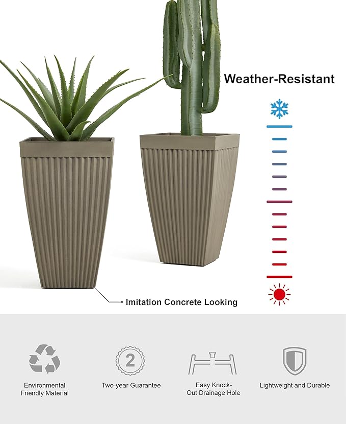 Glitzhome 23" H Tall Planter, Large Planters for Outdoor Plants, Outdoor Planters with Drainage Hole, Faux Concrete Fluted Large Flower Pots for Porch Indoor Patio Garden and Deck, Set of 2
