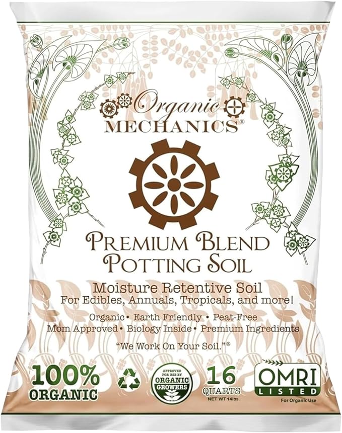 Organic Mechanics Premium Blend Potting Soil, 16 qt - Moisture-Retentive, Peat-Free, Compost - Enriched Mix with Worm Castings & Perlite for Houseplants, Annuals, Veggies & Tropical Plants