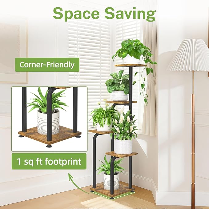 iDavosic.ly Tall Plant Stand Indoor, 4 Tier Corner Multiple Flower Holder Shelf with Wooden Trays, Space Saving Display Rack for Living Room Balcony Patio Porch Outdoor | Black & Brown