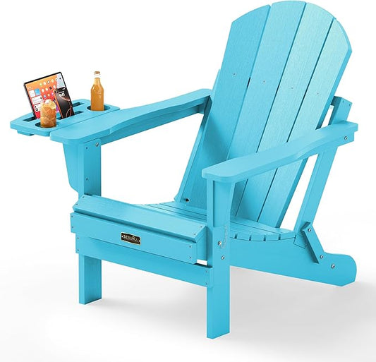 SERWALL Folding Adirondack Chair, Outdoor Adirondack Chairs with 4 in 1 Cup Holder, Wood Texture, Weather Resistant Plastic Patio Fire Pit Chairs for Garden, Backyard, Deck, Lawn - Light Blue