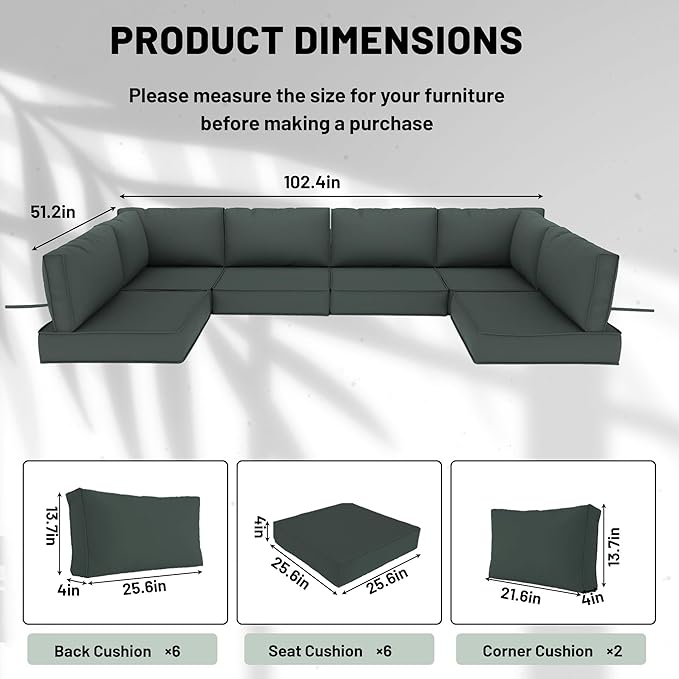 14 Piece Outdoor Sectional Cushions, Water-Resistant Outdoor Sofa Cushions Replacement, 4" High Density Foam Patio Furniture Cushions Fits 6-seat Rattan Conversation Set (Dark Gray)