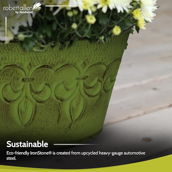 Headwind Ironlite Fleur De Lis Collection – 8" Tansy Green Bowl Decorative Planter with Drain Plug – Lightweight Metal Garden Pots for Indoor & Outdoor Planters Use by Robert Allen