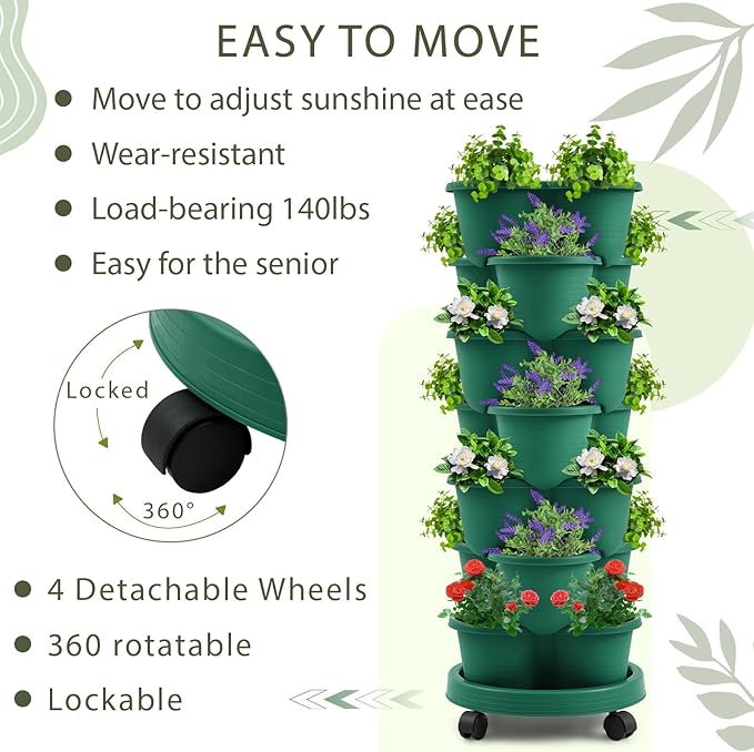 Umigy 2 Set of 7 Tier Stackable Vertical Planters with Removable Wheels and Tools Tower Planters Strawberry Herb Flower Vegetable Pots Indoor Outdoor Gardening Pots(Dark Green)
