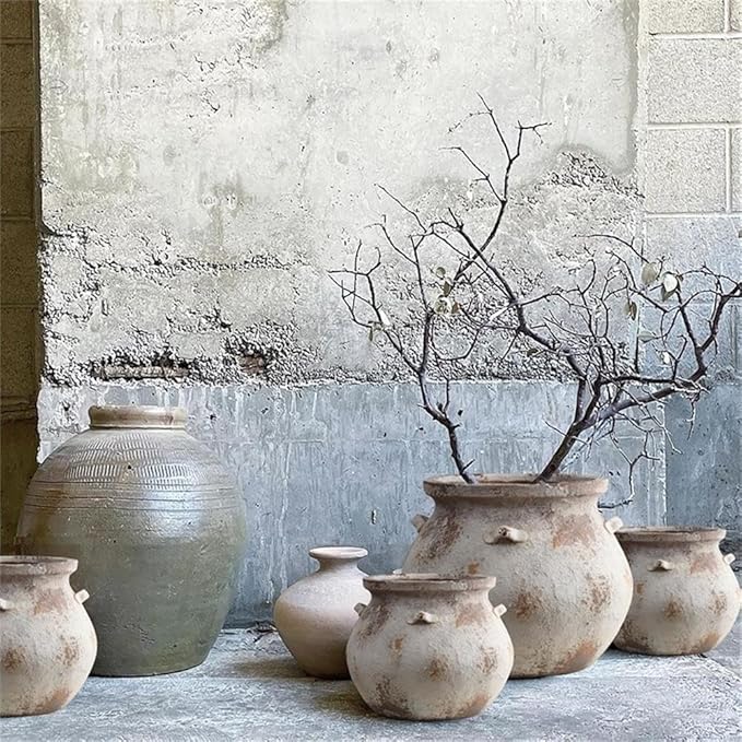 LuxenHome 15'' Dia Round Large Plant Pots, Off White Indoor Outdoor Planters with Drainage Holes, Rustic Distressed Flower Pot for Plants, Handmade Concrete Planter Pot for Home Patio Garden