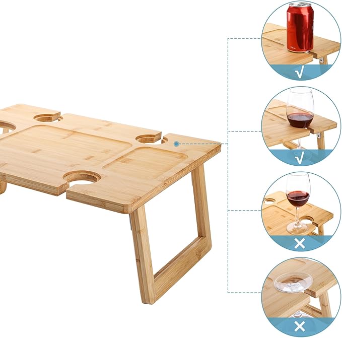 Peohud Portable Wine Picnic Table, Foldable Champagne Picnic Snack Table Tray, Wooden Outdoor Picnic Table with Glass Holder for Park, Beach, Camping, Bed, Wine Lover Gift