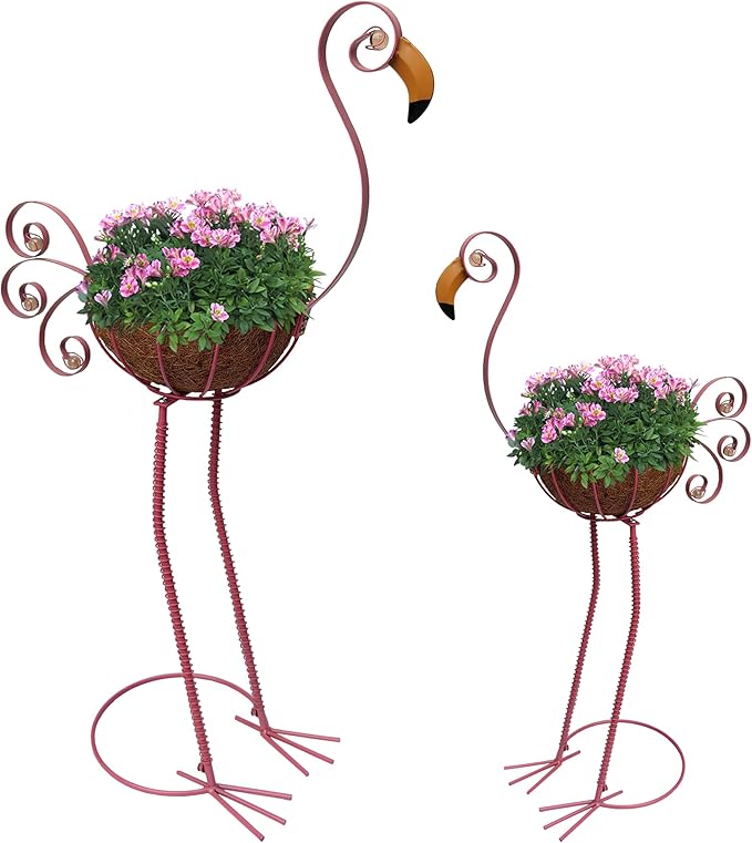 Pink Flamingo Planters,Metal Flamingo Plant Pots Decorations with Fiber Basket,Outdoor Indoor Standing Bird Planters Lawn Garden Décor Art for Lawn,Yard,Patio,Balcony Ornament（Set of 2）