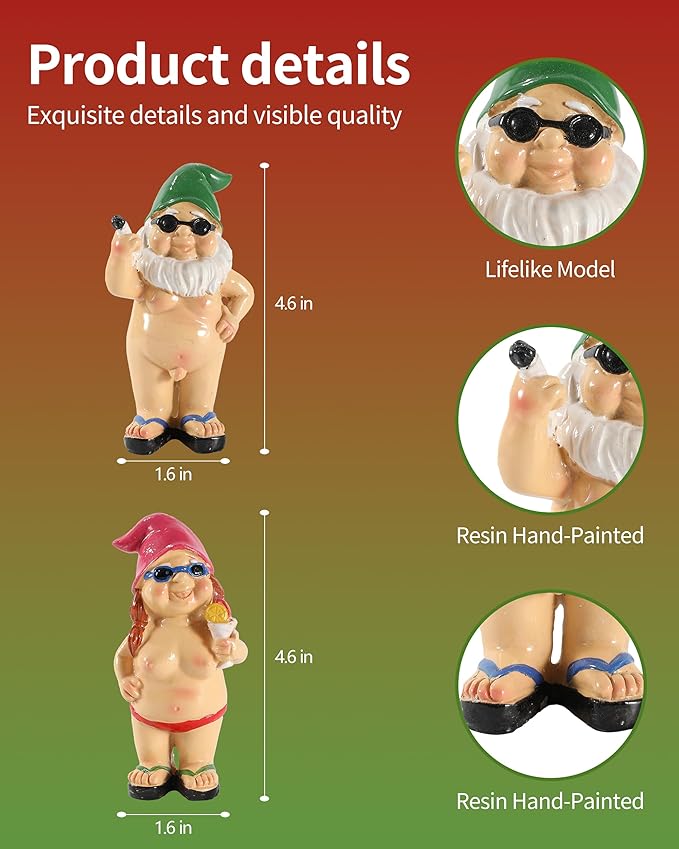 Set of 2 Funny Naked Gnomes Statues - Durable Resin 4.7'' Garden Gnome Figurines Perfect for Indoor and Outdoor Decor - Gnomes Gifts for Women Man (Oval)