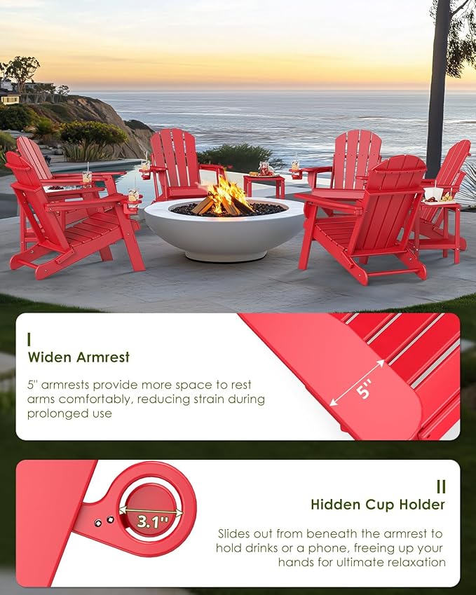 GREENVINES Folding-Adirondack-Chair | HDPE Plastic | Fire Pit Chairs | All Weather | Cup Holder | Red | for Deck Backyard Patio Outdoor Garden