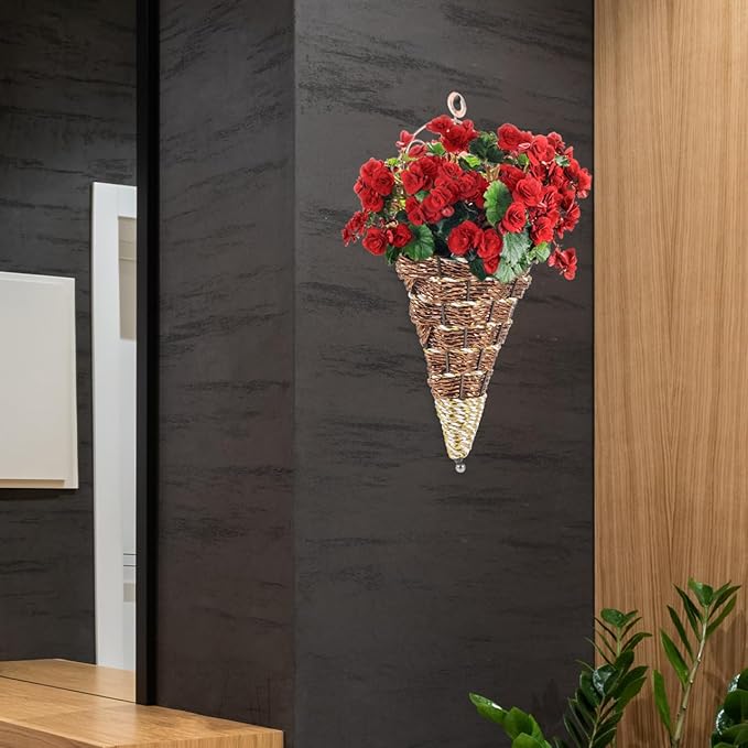 YARNOW Wall Hanging Flower Pot Rattan Planter Basket 12.40X5.51X2.75In Triangular Cone Shape Indoor Outdoor Garden Space-Saving Wall Mounted Planter