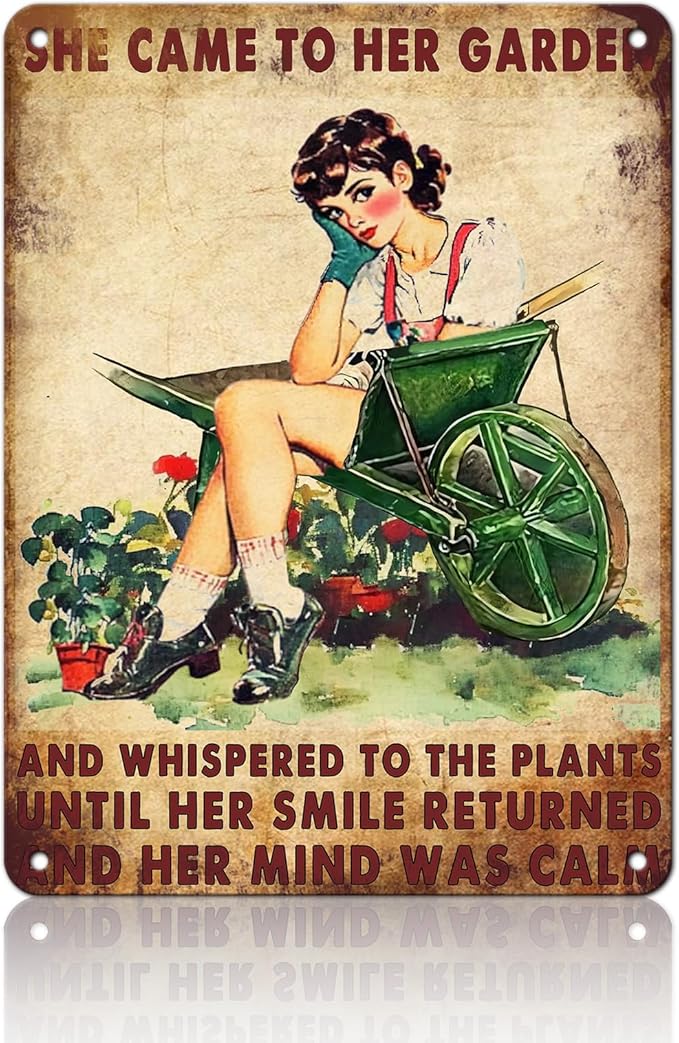 PEACHGARDEN Garden Metal Tin Sign She Came to Her Garden and Whispered To The Plants Vintage Tin Sign for Patio Porch Home Women Cave and Yard Wall Decor 12x16inch
