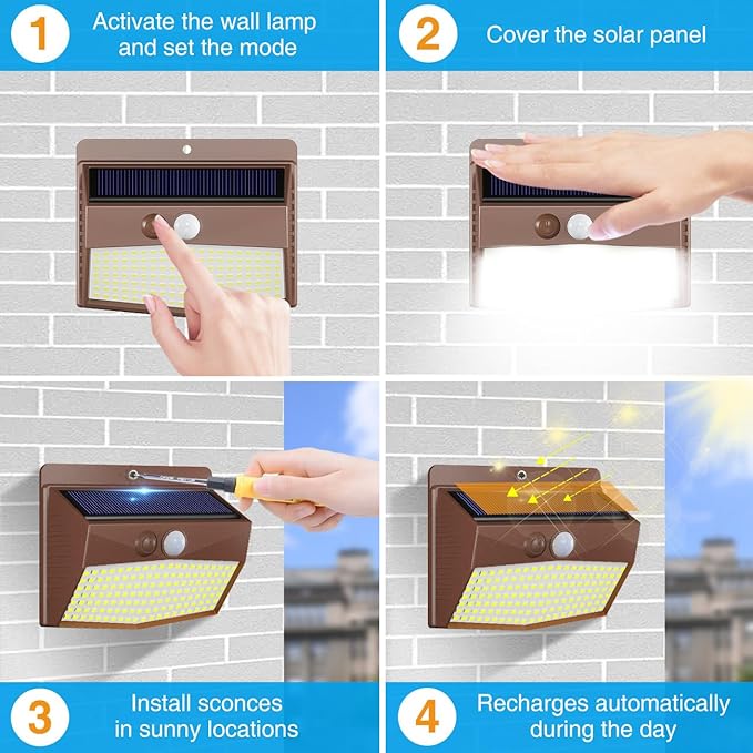 Peasur [12 Packs] Solar Outdoor Lights Motion Sensor Solar Security Lights Waterproof with 3 Lighting Modes Solar Powered Wall Lights Outside for Garden Fence Yard,Brown