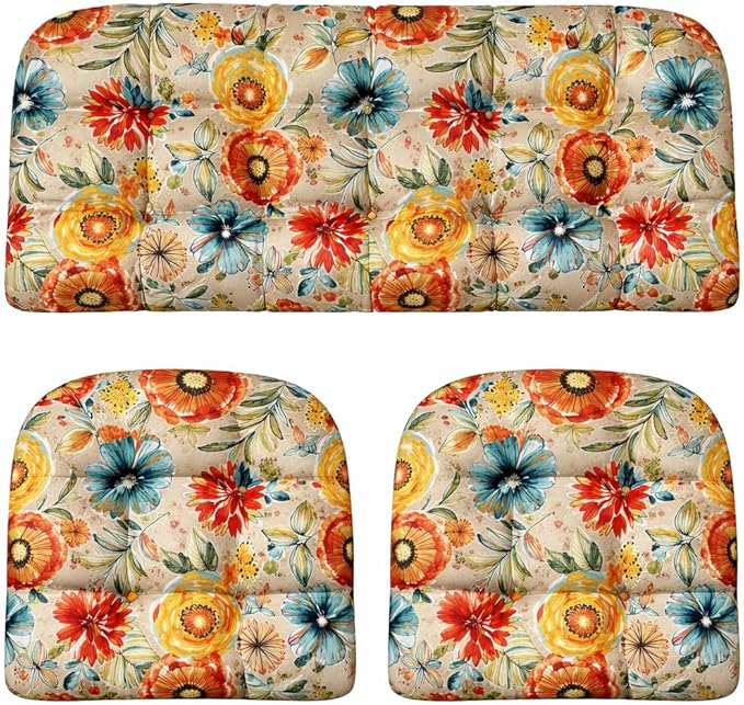 RSH DECOR: 3-Piece Tufted Wicker Cushion Set -41”x19 & 19"x19" Outdoor Wicker Loveseat Cushions & U-Shape Chair Cushions for Patio Furniture - All-Weather Spun Fabric (Colsen Sonoma) - Made in USA