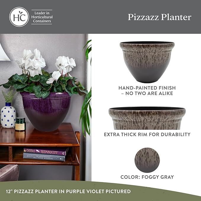 The HC Companies Pizzazz Decorative Round Flower Pots w/Ceramic Look - UV-Resistant Decorative Pot for Outdoor & Indoor Plant Pots - Modern Planter for Flower, Herbs (9” Foggy Gray, Pack of 1)