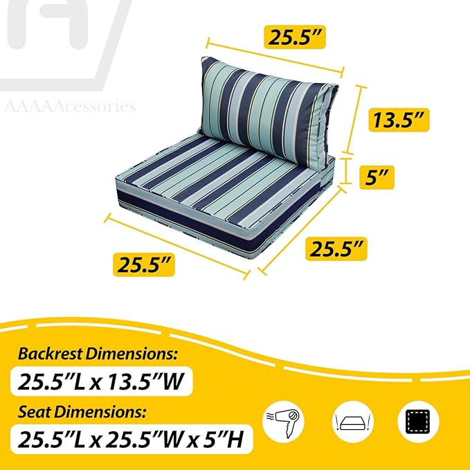 AAAAAcessories Outdoor Seat Cushions for Chairs, Fade-Resistant, Waterproof Patio Furniture Replacement Cushions, 25.5" x 25.5" x 5" + 25.5" x 13.5", Set of 2, Ash Teal Seaside Stripe