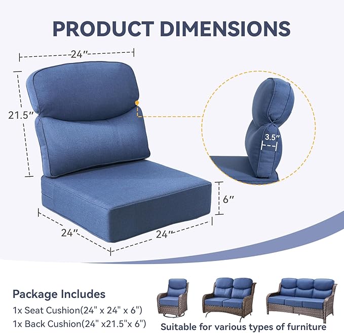 Luxury 6-Inch Outdoor Chair Cushions - 24"* 24" Patio Furniture Cushions with Dual Layer Back Support & Removable Cover, 28D High Density Sponge Patio Cushion for Outdoor Furniture Couch Blue