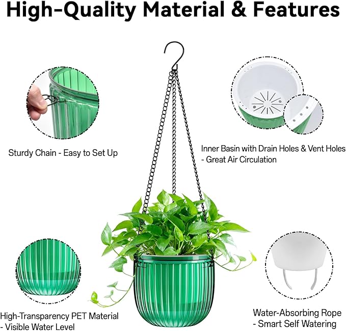Halatool 8.3 Inch Hanging Pots for Plants Indoor- 2 Pack Self-Watering Hanging Planters Flower Pots, Plant Hanger with Hooks Drainage Holes for Garden Home (Green)