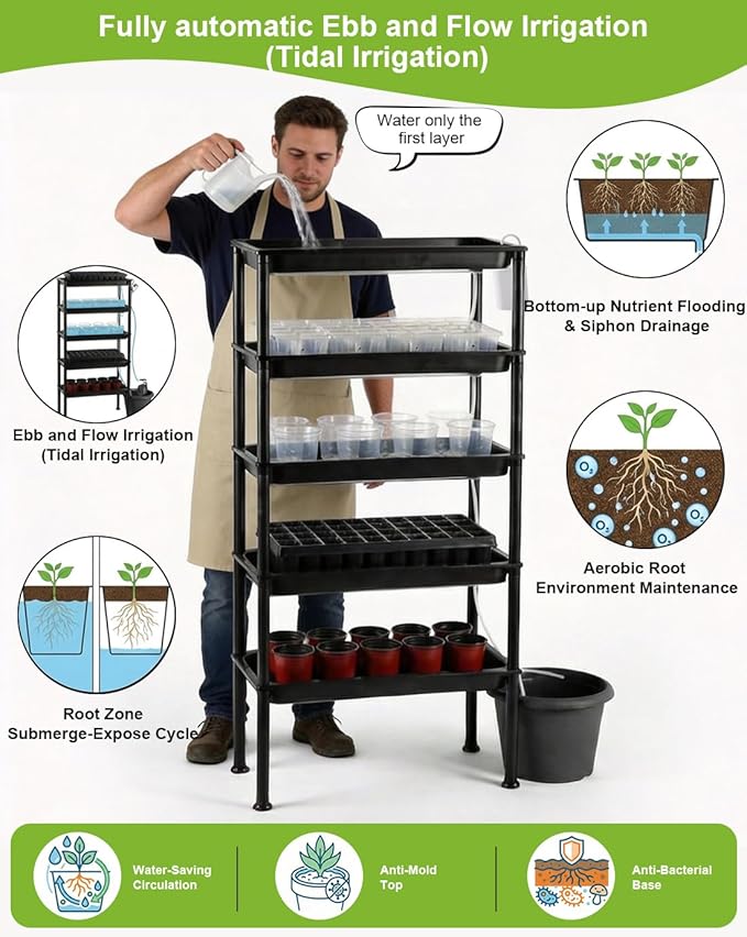 5-Tier Vertical Seed Starter Tray with Grow Light, Ebb and Flow Tidal Special Plant Stand Saucer, Automatic Circulation Watering Rack Indoor/Greenhouse, Designed for Seedling Trays, Pots