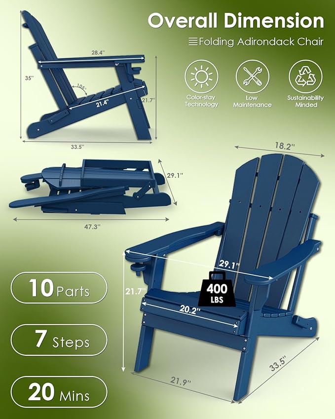 GREENVINES Folding-Adirondack-Chairs-Set-of-4 | HDPE Plastic | Fire Pit Chair | All Weather | Cup Holder | Blue | for Deck Backyard Patio Outdoor Garden