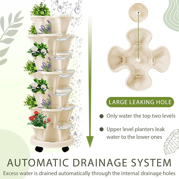 Umigy 1 Set Beige 7 Tier Vertical Planter Stackable Tower Planters Strawberry Herb Flower and Vegetable Pots Indoor Outdoor Gardening Pots with Removable Wheels and Tools