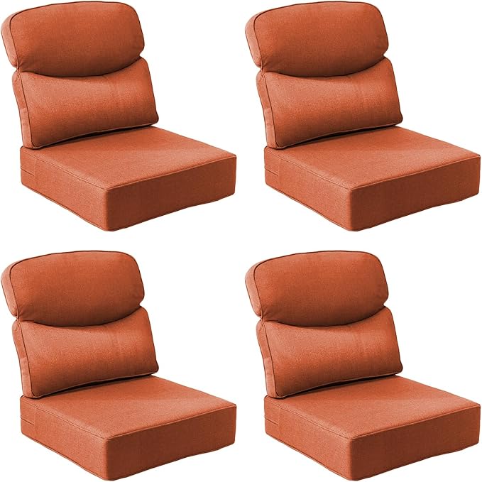 Outdoor Cushion Set for Patio Furniture, UV Resistant, Water Resistant - 6 Inch Thick Dual Layer Back Support Cushions– 24x24 Inch Patio Seat Covers for Chair/Sofa/Couch | Orange | 4-Pack |