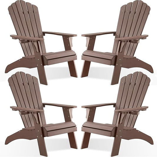 Psilvam Adirondack Chair, Oversized Poly Lumber Fire Pit Chair with Cup Holder, 350Lbs Support Patio Chairs for Garden, Weather Resistant Outdoors Seating, Relaxing Gift for Father & Mother (4, Brown)