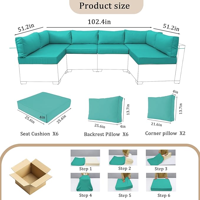 14 Pieces Outdoor Sectional Replacement Cushions for Patio Furniture, 4in Thick Outdoor Sofa Cushions for 6 Seat, Waterproof Deep Seat Couch Patio Cushion Set (Lake Blue)