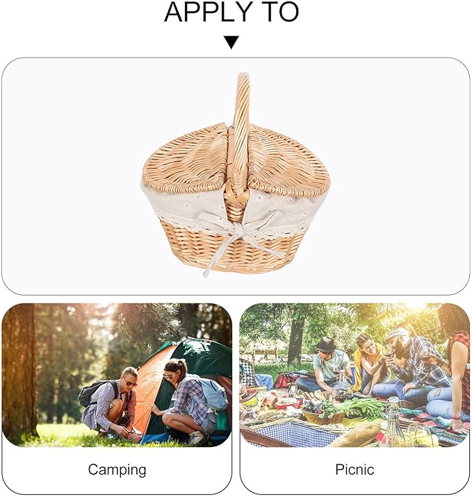 Sosoport Woven Rattan Picnic Basket with Lid and Handle, 1pcs Tote Storage Basket for Fruit and Vegetable Holder, Rustic Outdoor Picnic Accessory for Home and Garden