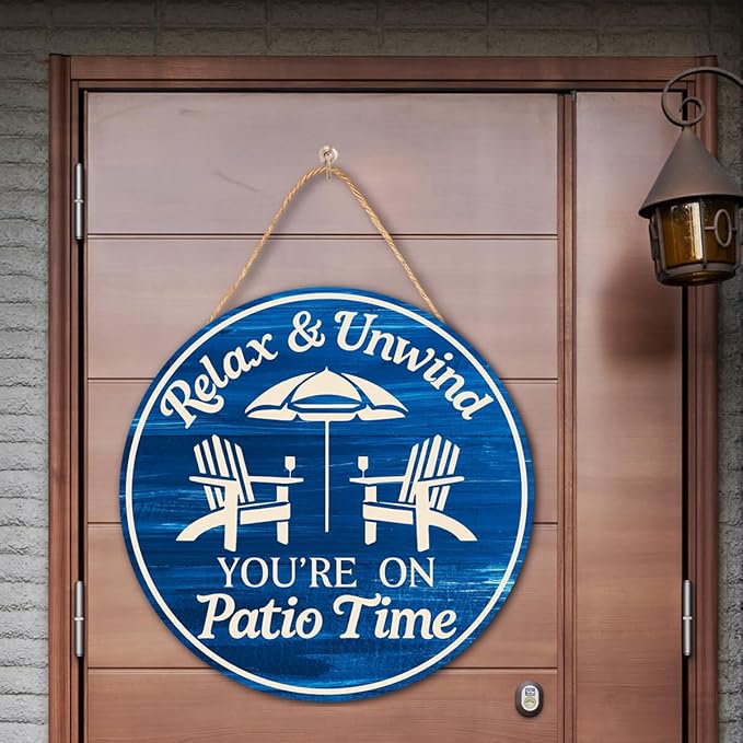 Patio Wood Hanging Sign for Front Porch, Relax Unwind You're On Patio Time Wall Decor Sign for Home Bar