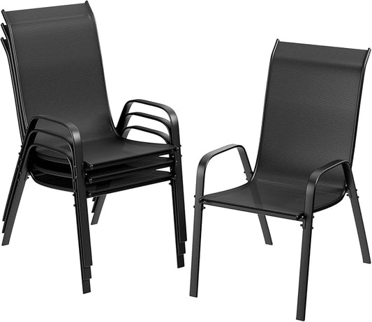 TLSUNNY Patio Chairs, Stackable Textilene Outdoor Dining Furniture for All Weather, with 17.7″ Wide Seat & Metal Frame, for Garden, Backyard, Deck, Restaurant, Poolside (4, Black, 26.4″)
