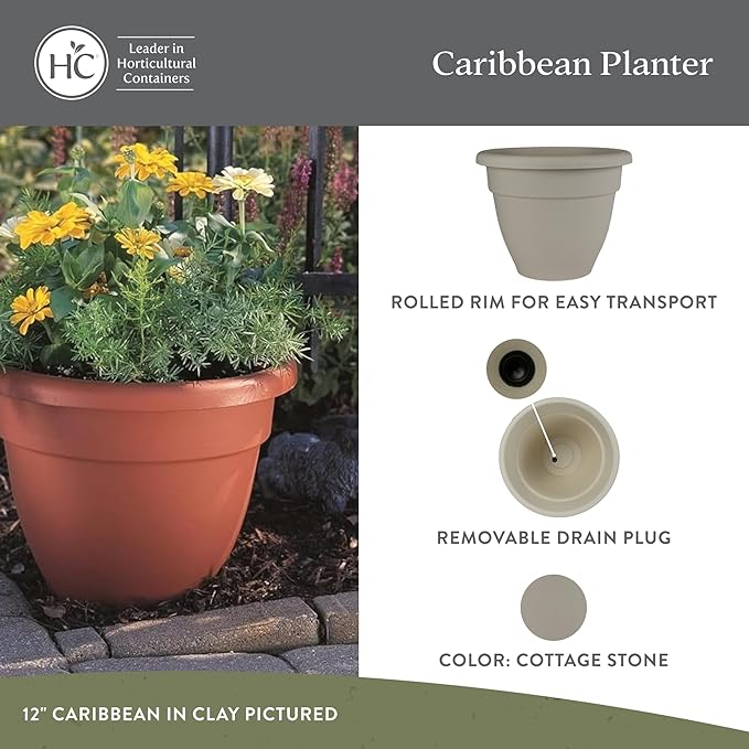 The HC Companies Caribbean Planter Pot - Outdoor & Indoor Plant Pot with Drainage Hole & Plug - Rolled Rim Plastic Pots for Plants & Flowers - Decorative Plant Pot (14" Cottage Stone, Pack of 1)