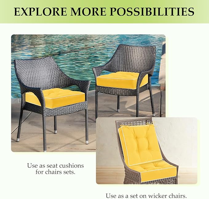 HARBOREST Outdoor Chair Cushions Set of 2, Tufted Patio Chair Cushions with Ties, Square Corner Outdoor Cushions for Patio Furniture, Lawn Chairs, Wicker Chairs, 17" x 17" x 5", Yellow