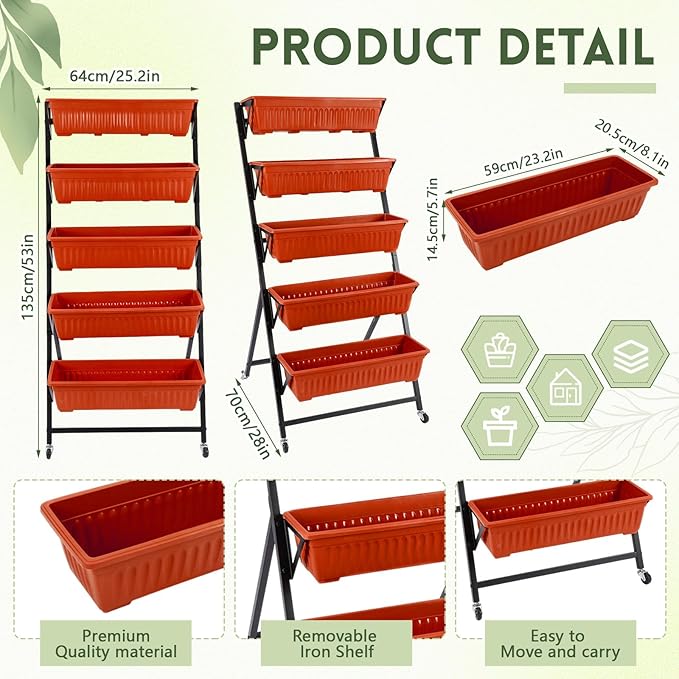 2 Set 4.5 ft Vertical Garden Planter with Lockable Wheels 5 Tier Removable Raised Bed Box for Outdoor Herb Vegetable and Flower Growing Includes Gloves and Screwdriver(Brick Red)