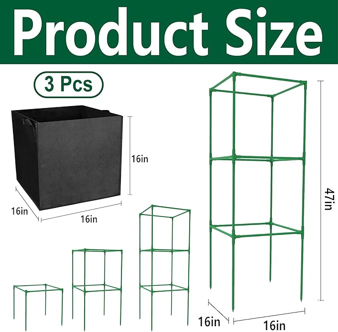 3 Packs 47 x 16 x 16 Inch Garden Tomato Cages with 17.7 Gallon Grow Bags- Square Plant Support Trellis Assembled with Planter Bags- Garden Cucumber Vegetables Frames for Vertical Climbing Plants