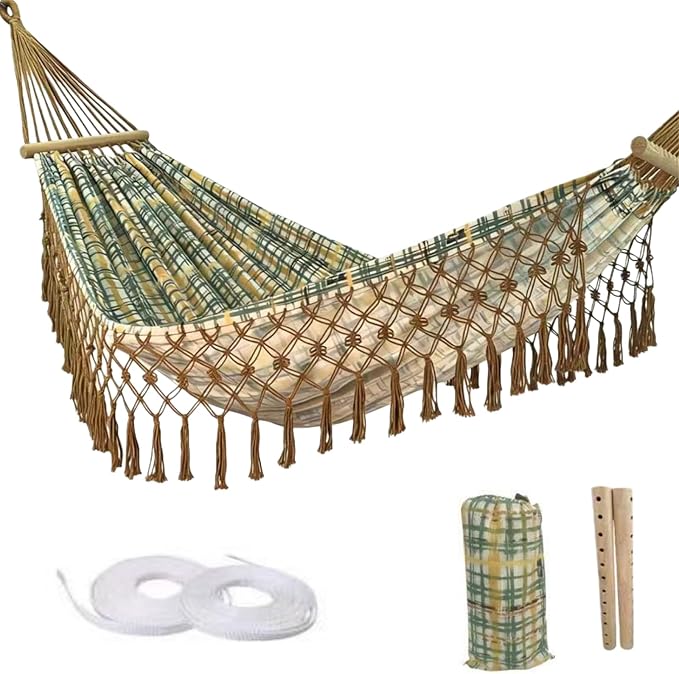 Boho Classic Hammock with Tassel,Max 500lbs Handmade,2 Person Hammock Hammock for Indoor & Outdoor, Lightweight Durable - for Patio, Porch, Backyard Lounging(Khaki)