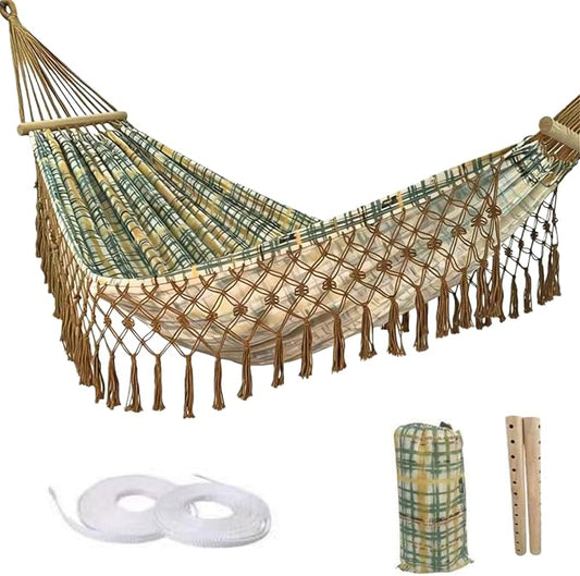 Boho Classic Hammock with Tassel,Max 500lbs Handmade,2 Person Hammock Hammock for Indoor & Outdoor, Lightweight Durable - for Patio, Porch, Backyard Lounging(Khaki)