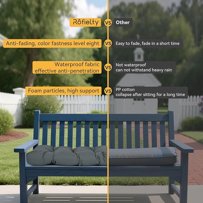 ROFIELTY Outdoor Bench Cushion, Waterproof/Sun-Proof Fabric, Tufted Bench Cushion with 2 Ties, Suitable for Outdoor Garden Bench/Swing/Indoor Furniture (Dark Gray, 45×18×4)