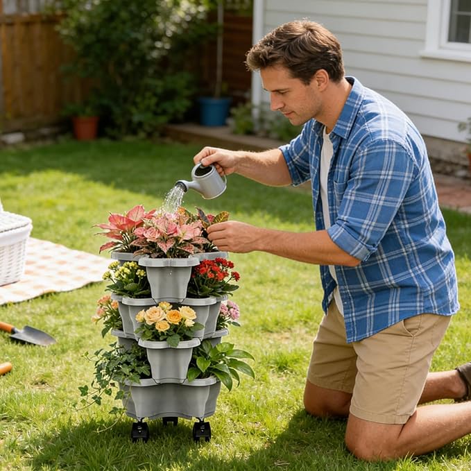 Vertical Planter, Stackable Weatherproof Multi-Tier Stackable Tower Planters, Garden Planters for Strawberry Herb Flower and Vegetable Indoor Outdoor