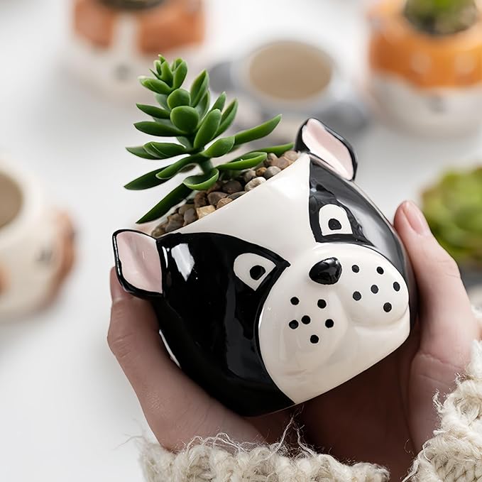 Dog Planter Pots - 6 Pack Ceramic Succulent Pots with Drainage and Saucers, Cute Flower Pots for Indoor Plants, Small Plant Pots Dog Vase for Succulent, Cactus, Garden, Home Decor, Gift Set
