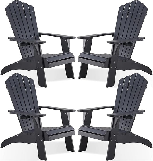 Psilvam Adirondack Chair, Oversized Poly Lumber Fire Pit Chair with Cup Holder, 350Lbs Support Patio Chairs for Garden, Weather Resistant Outdoors Seating, Relaxing Gift for Father & Mother (4, Black)