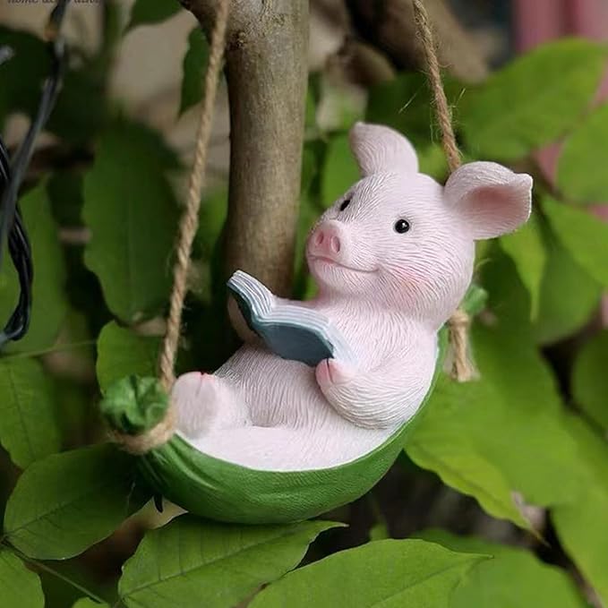 Hanging Hammock Swing Pig Figurine Statues for Garden Decor, Sleeping Reading Pig Tree Hanger for Yard Garden Indoor Outdoor Home Decoration