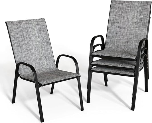 Patio Chairs Set of 4, Outdoor Stackable Dining Chairs with High Back for All Weather, Outdoor Furniture with Breathable Textile Fabric for Garden, Backyard Deck, Pool Side (Grey)