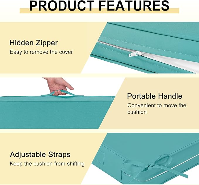 downluxe Waterproof Outdoor Chair Cushions for Patio Furniture, 24" x 24" x 4" Patio Chair Cushion with Adjustable Ties & Portable Handle, Square Outdoor Cushion with Removable Cover, Teal, 2 Pack