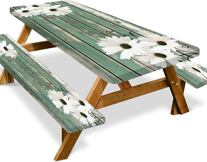 Picnic Table Cover with Bench Covers Daisy Flowers Wooden Floral Waterproof Windproof Fitted Outdoor Tablecloth with Elastic Rectangle Table Cloth Camping Accessories,72x30 Inch