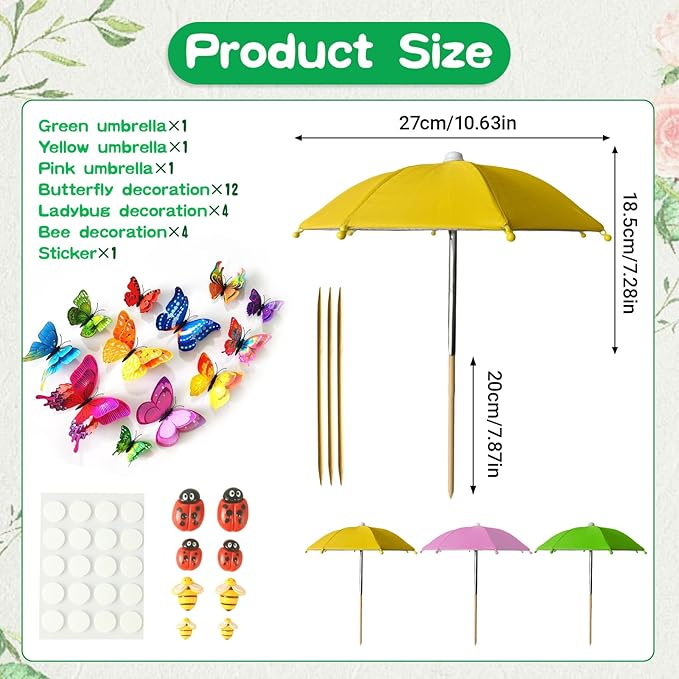 3 pack Plants Umbrellas for Outdoor Plants, Garden Small Umbrellas for Potted Plants & Garden Beds Provide Sun Shade and Rain Protection with 12 Butterflies and 8 Insect Accessories