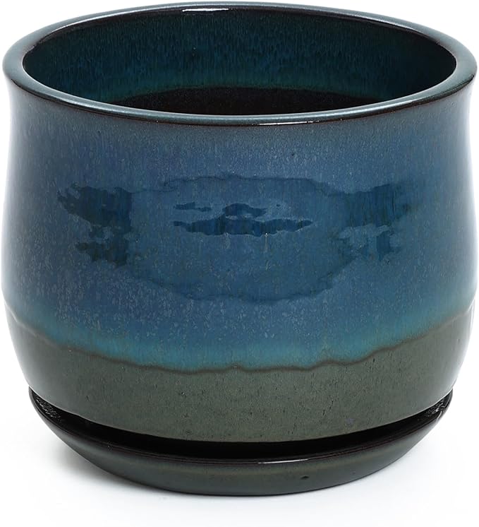 LuxenHome 12" Dia Ceramic Plant Pot, Indoor Outdoor Large Planter with Drainage Hole and Saucer, Blue and Green Gradient Glaze Flower Pot, Modern Decorative Planter for Home Garden Patio Porch