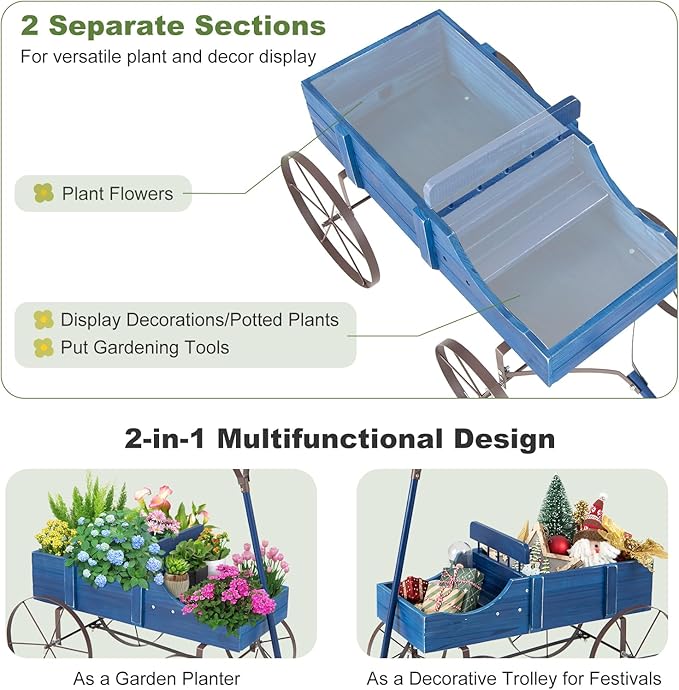 Wooden Wagon Planter, Decorative Garden Wheelbarrow Planter with 2 Planting Sections, Rolling Wheels, Adjustable Handle, Small Wagon Cart Planter Stand for Flowers Vegetables Herbs (Blue)