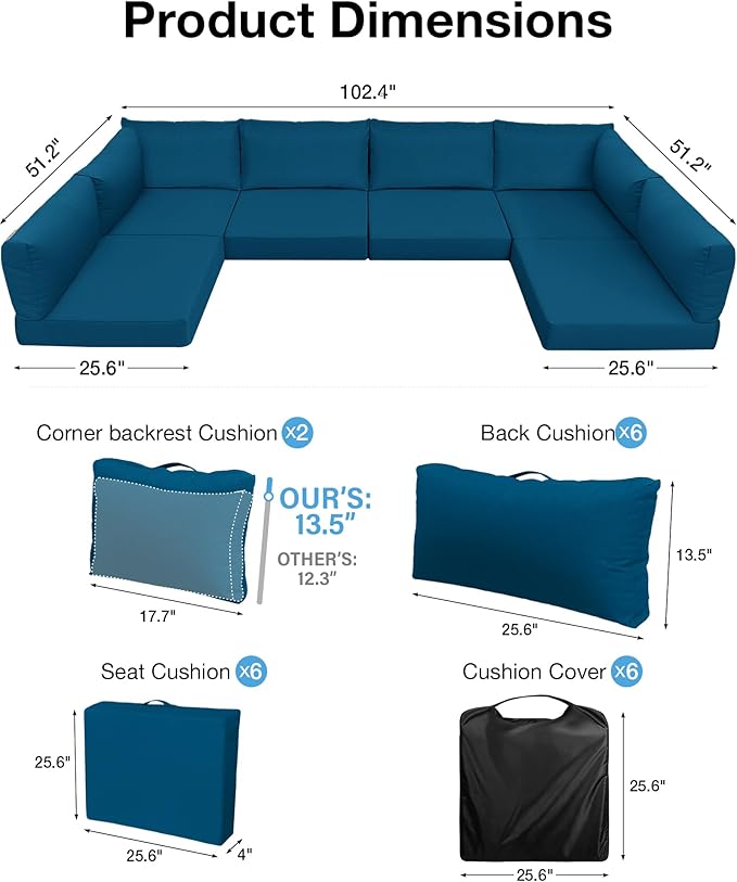 YEFU Outdoor Cushions for Patio Furniture: Replacement Cushions for Outdoor Furniture - Waterproof Couch Cushion - Fade-Resistant/Easy Clean - 14 Piece Sectional Cushion - Non-Slip/Storage Bag/Peacock